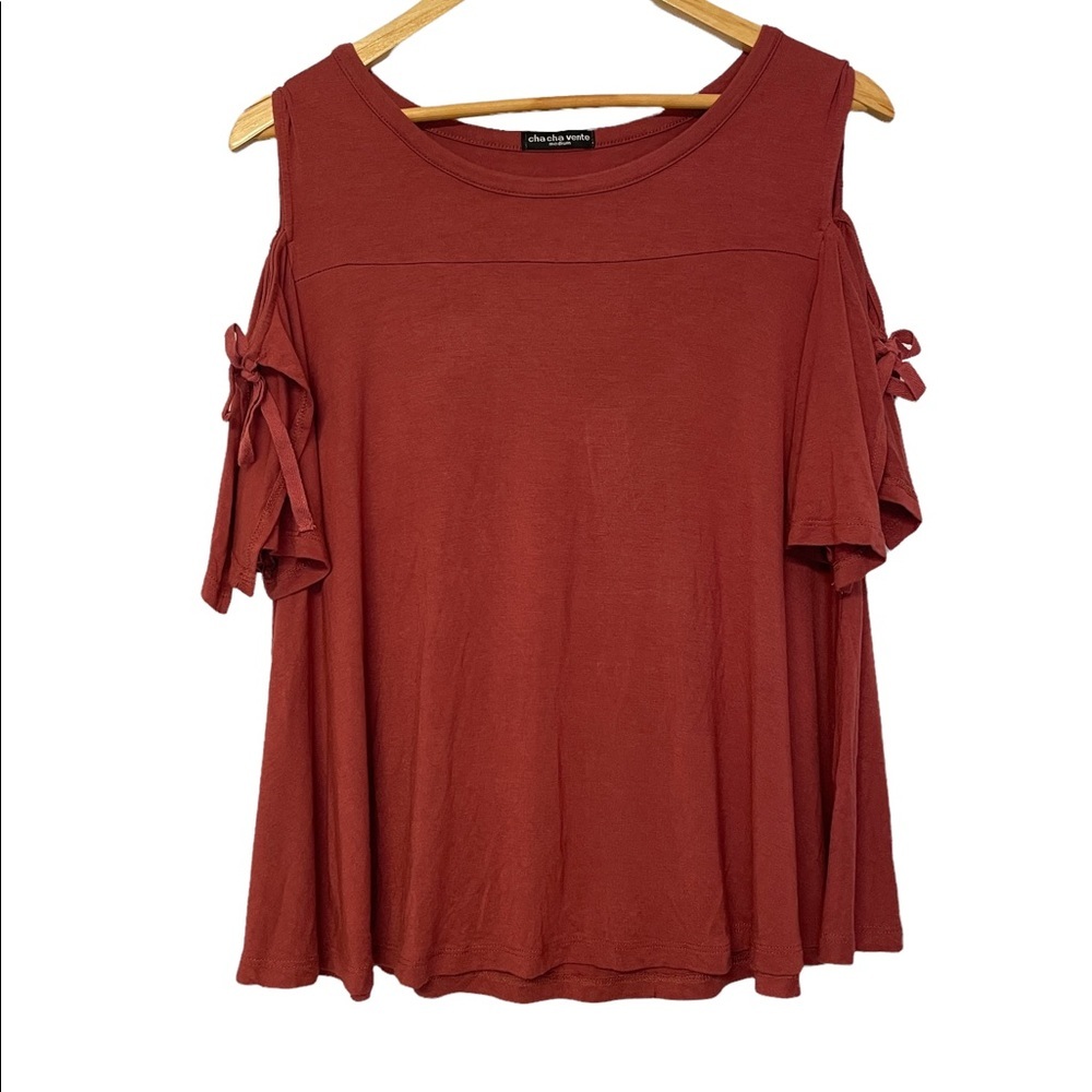Cha Che Vente Cold Shoulder Top with Tie Sleeves